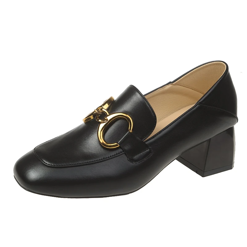 

Metal Buckle Oxford Shoes for Women Shoes Woman Slip on Solid Leather Square Mid Heels Round Toe Casual Shoes Flats Plus Size