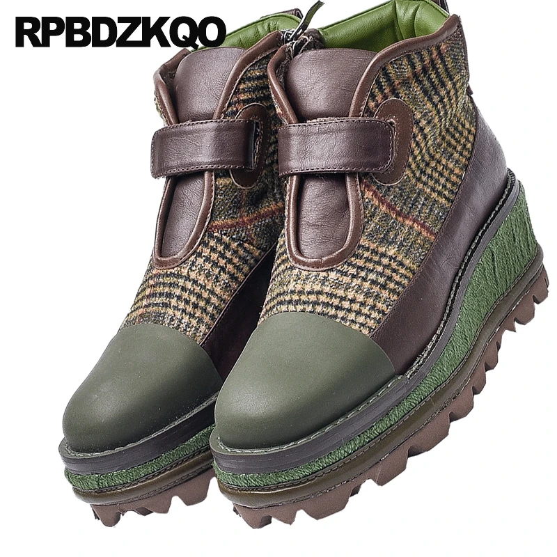 Женские дизайнерские ботинки на платформе клетчатые из натуральной кожи высоком