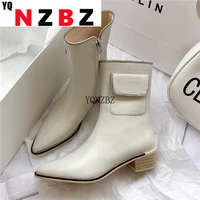 black genuine leather chelsea ankle boots for women chunky heel motorcycle boots casual ladies shoes sexy point toe botas mujer