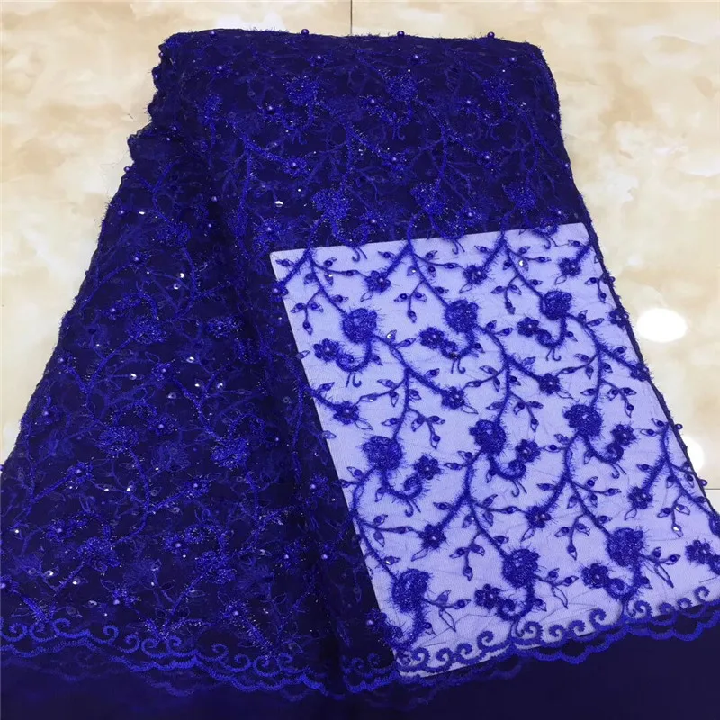 Африканская кружевная ткань Королевская Синяя вышивка нигерийские бусины ткань.