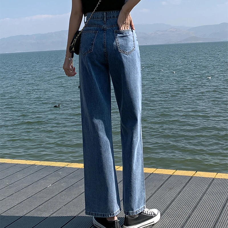 

Summer New Denim Pants Women High Waist Wide Leg Straught Casual Fean Trousers Feminino Zipper Button Distressed Slim Thin Jeans