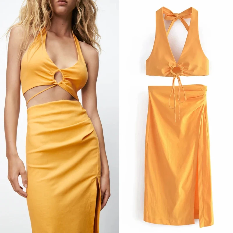 

Two Piece Set Women Skirt Za 2021 Yellow Halter Crop Top Female High Waist Long Skirts Woman Summer Top And Skirt Set