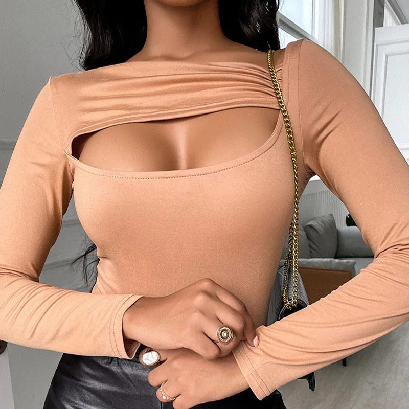 

Новая приталенная Однотонная футболка с воротником, необычный дизайн, Женская однотонная сексуальная Нижняя рубашка с глубоким вырезом, пи...