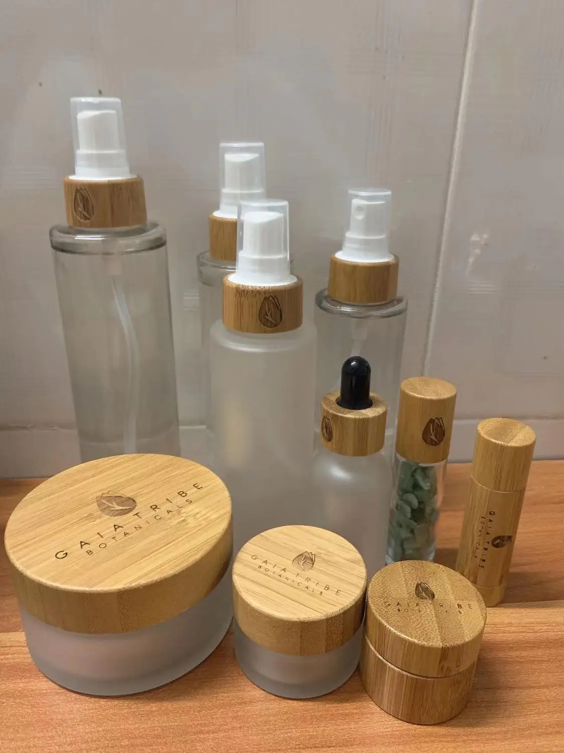 10pcs Frost Glass Bottle Bamboo Lid Glass Jar Empty Refillable Bottle Cream Jar Cosmetic Packaging Container 5g 15G 30G 50G 100g