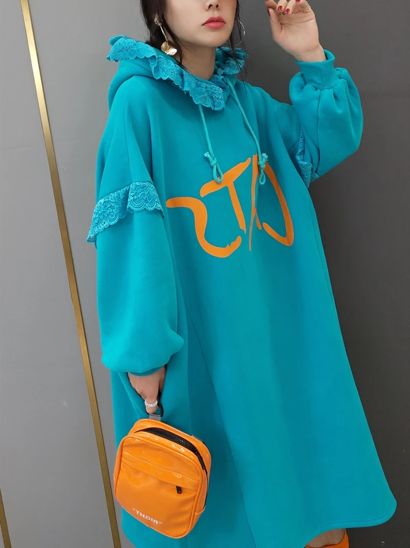 

QING MO Purple Blue Lace Patchwork Sweatshirt Dress 2021 Winter Women Letter Print Pullover Dress Hooded Loose Dress ZQY5768