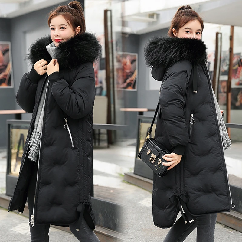 Winter Parkas 2019 new elegant embroidery letter hooded thick long women's fur collar jacket winter snow degree jackets coat