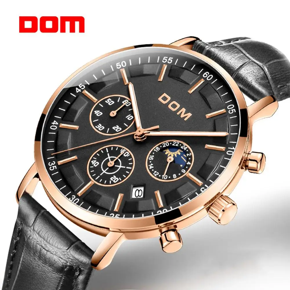 DOM Роскошные Брендовые мужские военные спортивные часы кварцевые с кожаным