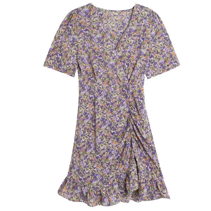 

Short-sleeved floral dress women's spring and summer 2021 new style V-neck cover belly slimming chiffon skirt small skirt