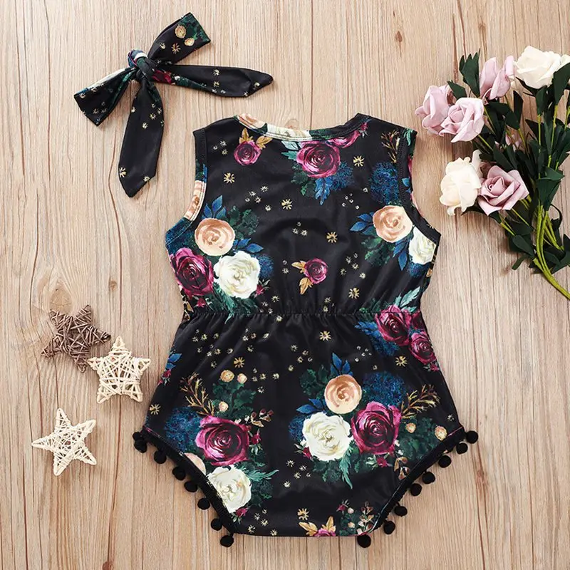 

Summer Newborn Baby Girls Rompers Set Sleeveless Rose Floral Print Design Romper Jumpsuit With Headband One-Pieces