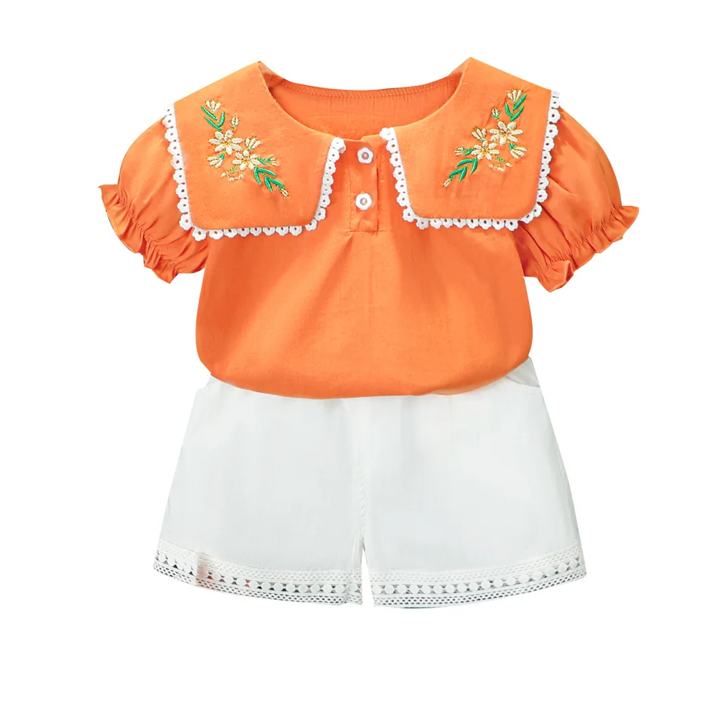 

Summer Clothes Toddler Girl Sets Sweet Infant Girls Lapel T-Shirt+White Lace Shorts Two Piece Newborn Outfit Pullover Baby Suit