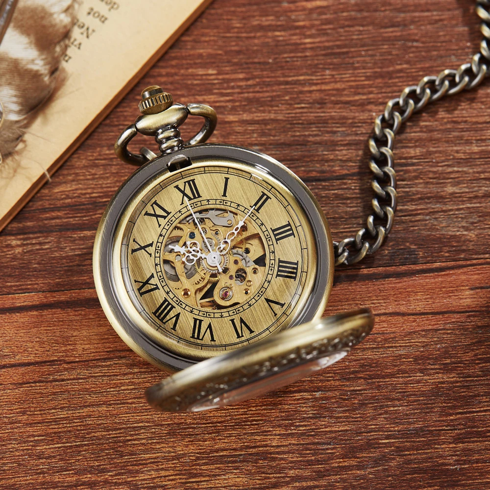 Gold Mechanical Hand Wind Antique Pocket Watch Exquisite Roman Numerals Display Luxurious Atmosphere Pendant Clock Gifts Elder