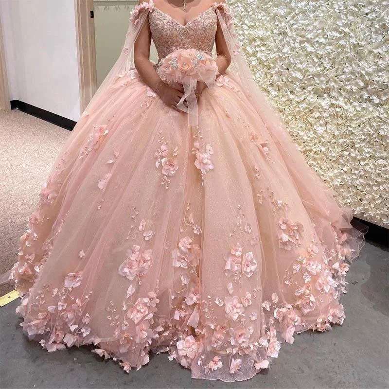 

Pink Dress Princess 3d Flowers Ball Gown Quinceanera Dresses Cape Wrap Caftan Beaded Lace Long Sweet 16 Dress Vestidos De Fiesta
