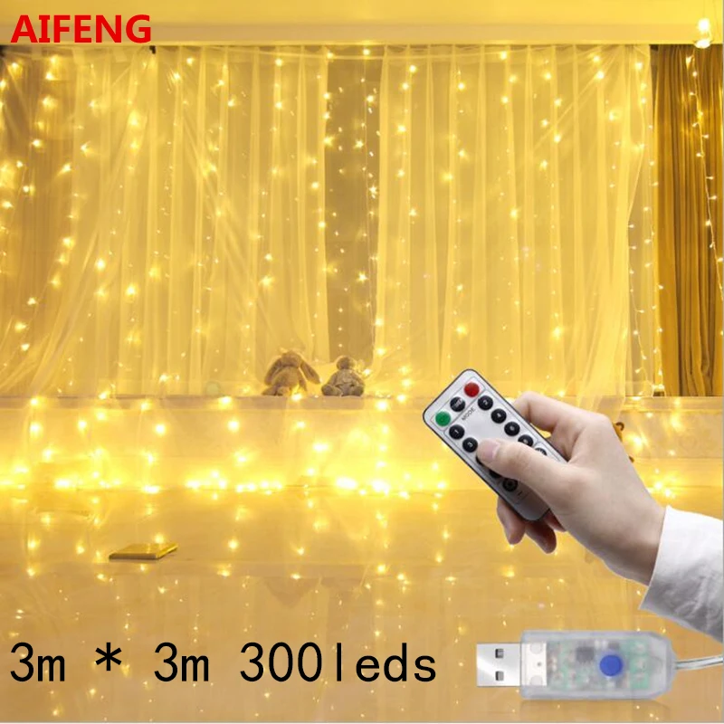 AIFENG 3 м x 3 м 300 светодиодный Светодиодный светильник с питанием от USB, светодиодный светильник для занавесок с медным проводом, светодиодный светильник для занавесок s, Свадебный светильник s с радиочастотным пультом дистанционного управления