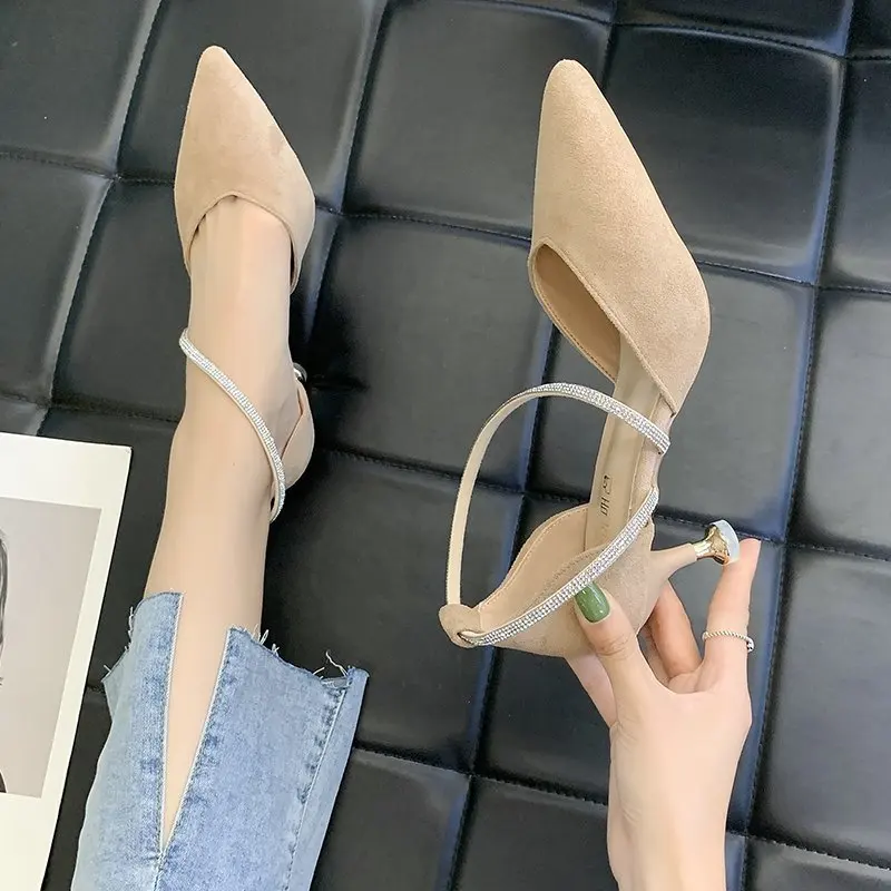 

Fashion Womens Shoes 2021 Shallow Mouth Rhinestone Sandals High Heels Suit Female Beige All-Match Buckle Strap Med Luxury Comfor