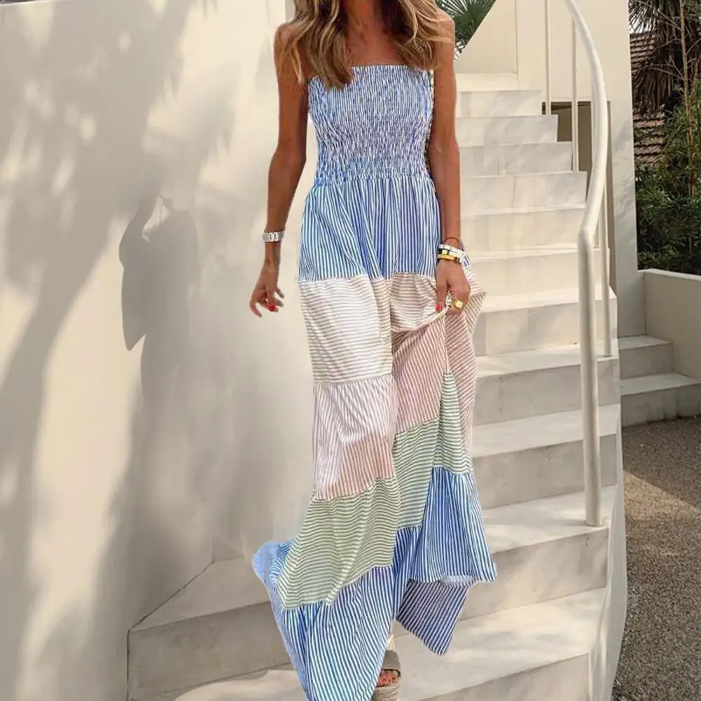 

50% Hot Sales Ladies Loose Dress Bow Knot Sling Wide Hem Square Collar Tube Top Dress for Beach