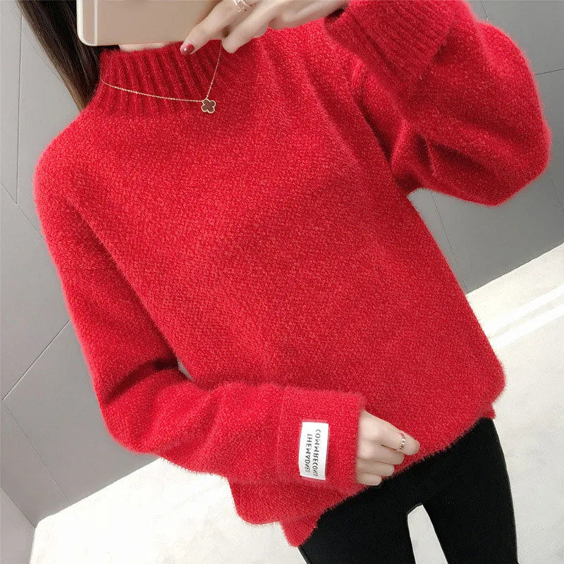 

2021 Autumn Winter Korean Half Turtleneck Knitted Sweater Women Long Sleeve Loose Warm Faux Mink Cashmere Base Pullover Outwear