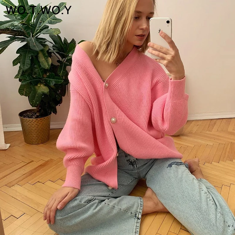 WOTWOY Single Breasted Cashmere V-Neck Cardigans Women Knitted Basic Pink Sweaters Autumn Winter Femme Jumpers |