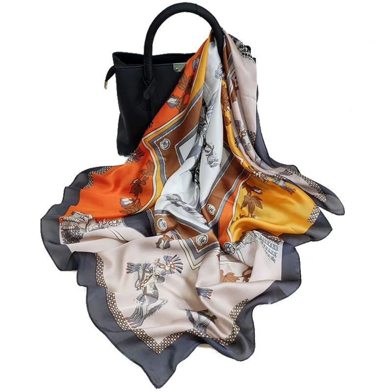

Scarf Women Fashion Designer Beautiful flowers Foulard Soft Satin Shawl Scarfs Kerchief 90X90cm Square Neck Headscarf WJ109