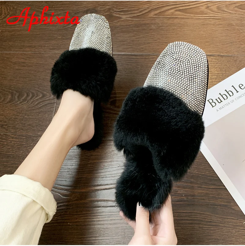 Aphixta/теплые зимние тапочки на натуральном меху; женские шлепанцы с украшением в виде кристаллов; женские пушистые тапочки; женская обувь на плоской подошве с кроличьим мехом