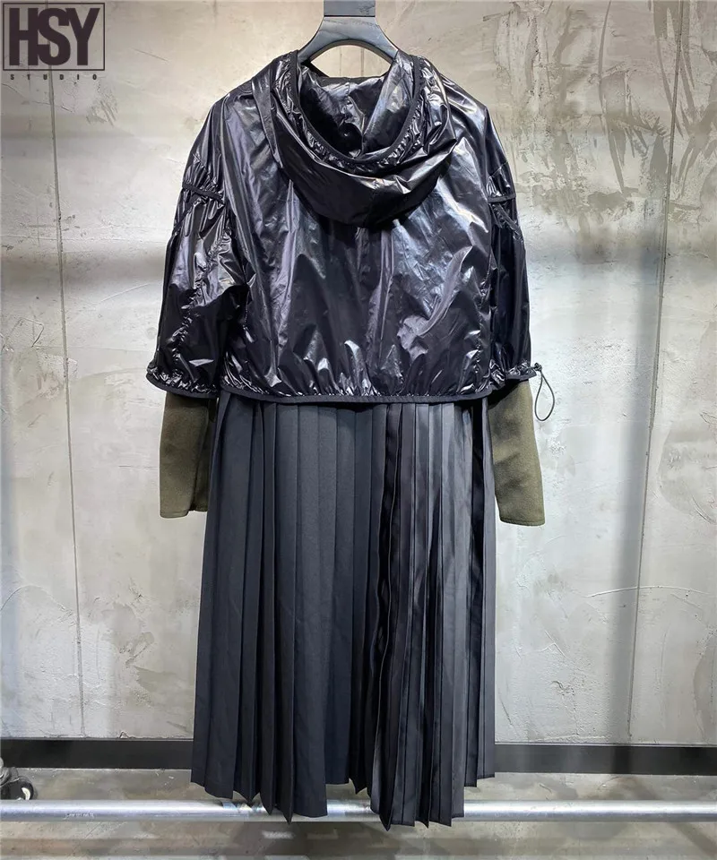 【HSY】2019 Осень Новая мода высокого класса женская черная глянцевая куртка на