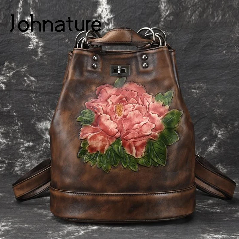Женский винтажный рюкзак Johnature большой кожаный для отдыха с цветочным принтом и