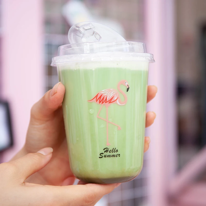 

Прозрачные пластиковые чашки с красным фламинго, 50 шт., U-образная креативная чайная чашка-пузырь, чашка для питья кофе, одноразовые чашки с к...