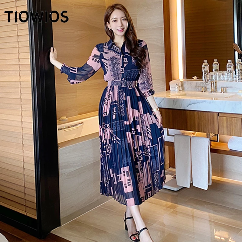 

TIOWIOS 2021 New Woman Autumn Korean Temperament Shirt Long Skirt Fashion Waist Print Pleated Big Dress