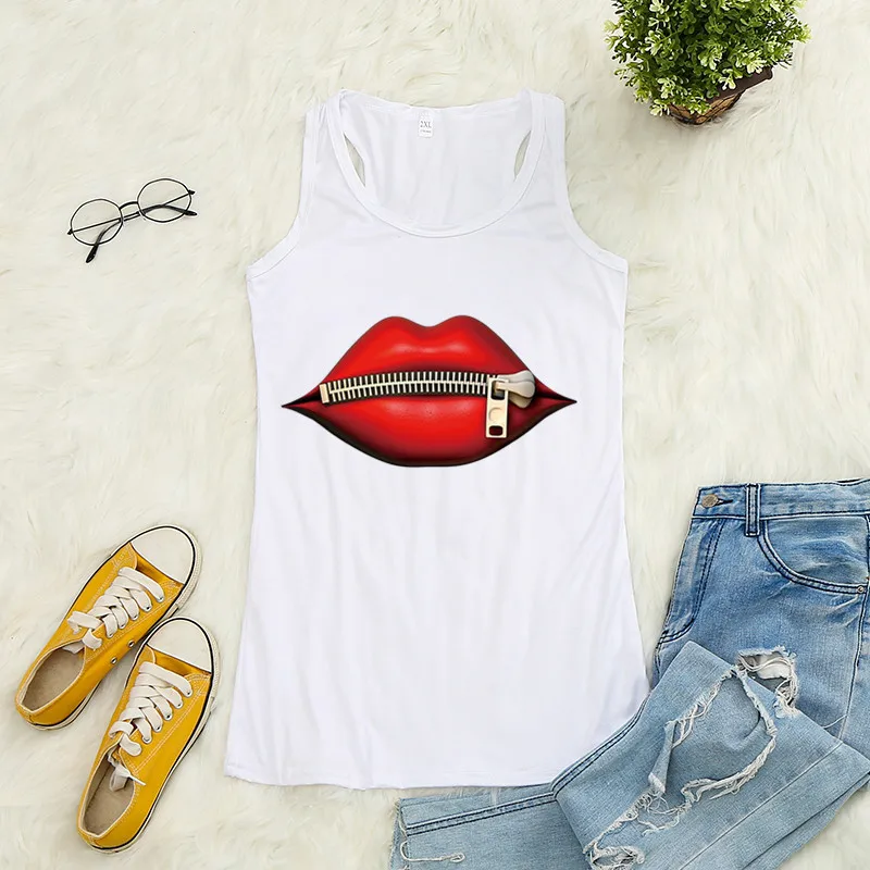 

Zipper Red Lip Printed Crop Top Women Sleeveless O Neck Tank Top Summer Ladies Casual Loose Vest Haut Femme Ropa Mujer