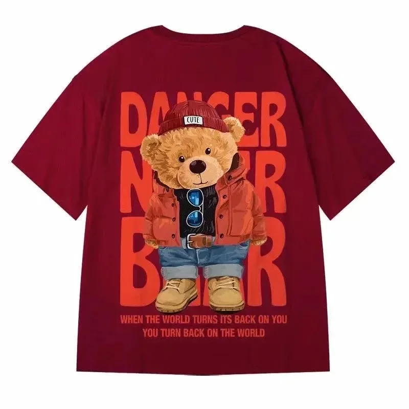 

2021 New Trendy Brand Short-sleeved Tshirt Loose Bear Pullover Couples Summer Trend Personality Five-point Sleeves Men Clothing
