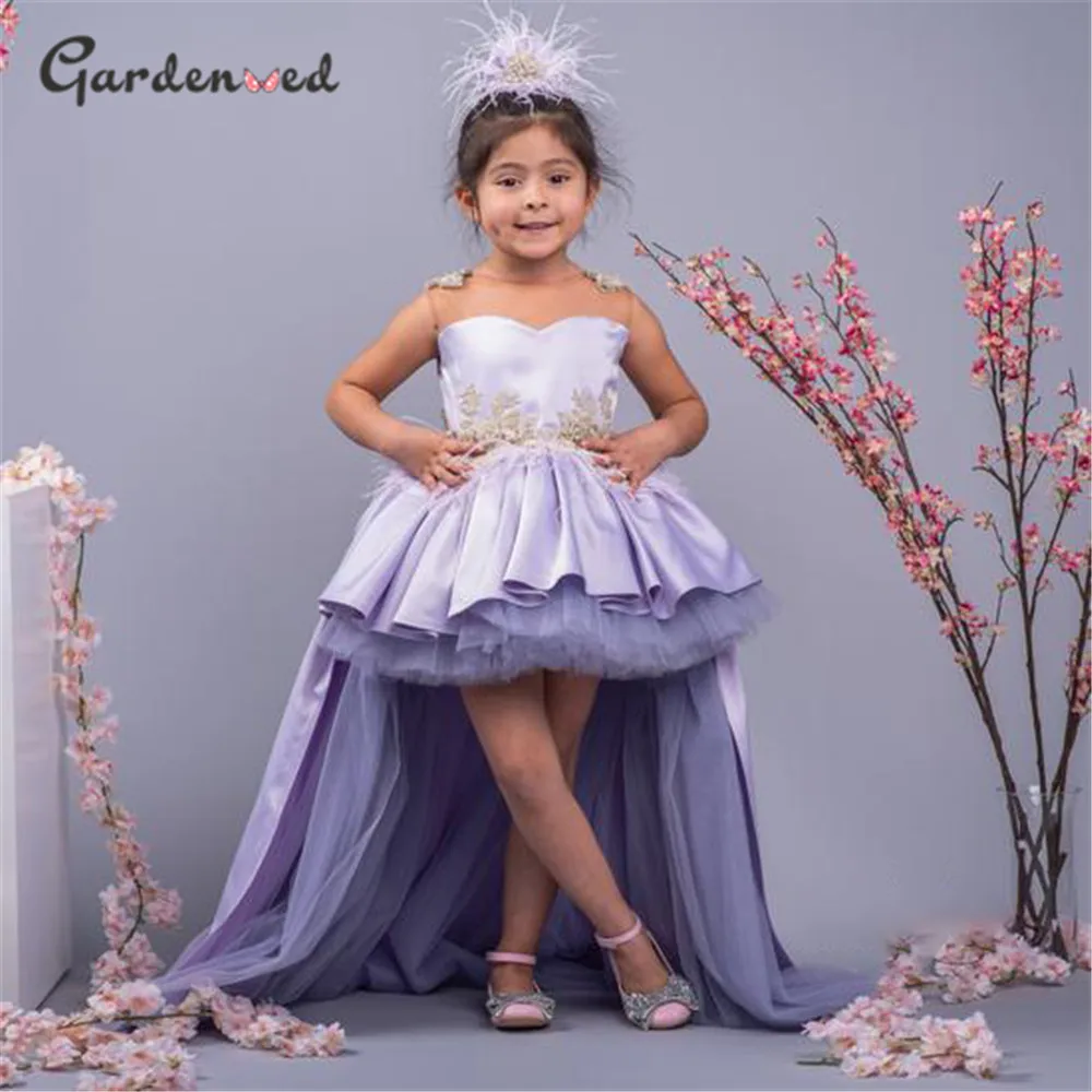 

Lilac Hi Low Flower Girl Dress Puffy Princess Dresses For Girls Cute Little Girl Party Dress Embroidery First Communion Gown