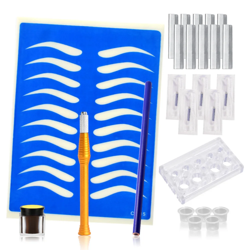 

Microblading Pen Kit Embroidery Manual Pen Practice Skin Blades Pigment Rack Ink Cup Razor Pencil and