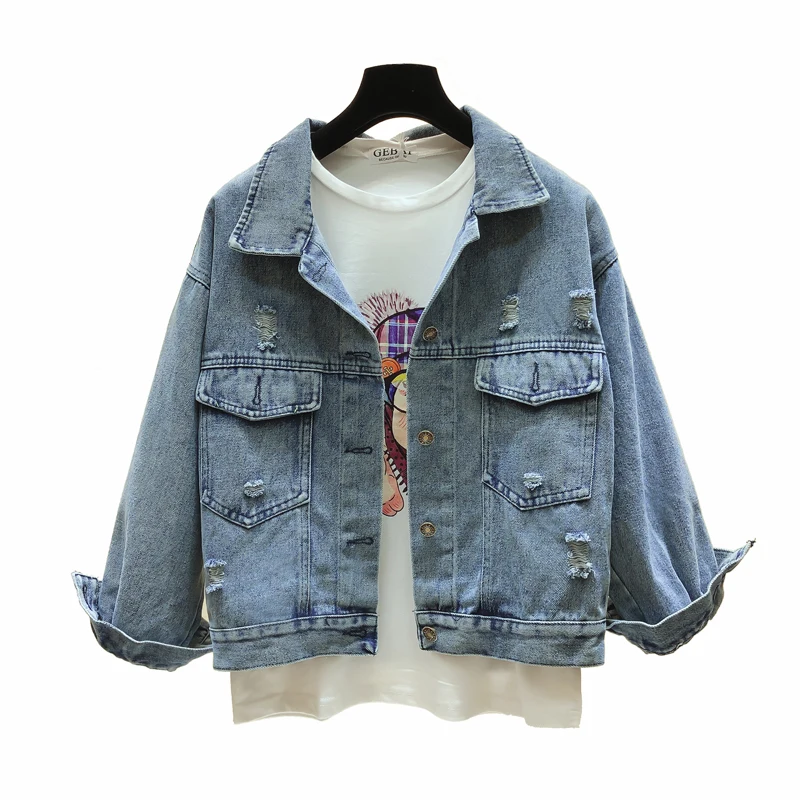 

Women Embroidery Flowers Denim Jacket Turn-down Collar Jean Jacket for Women Loose Casual Ripped Holes Jean Coat Female Outwear