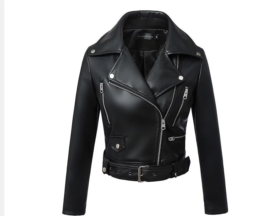 

Autumn Winter Pu Leather Black Jacket Women Long-Sleeve Outerwear Casual Turn-Down Collar Slim Coat