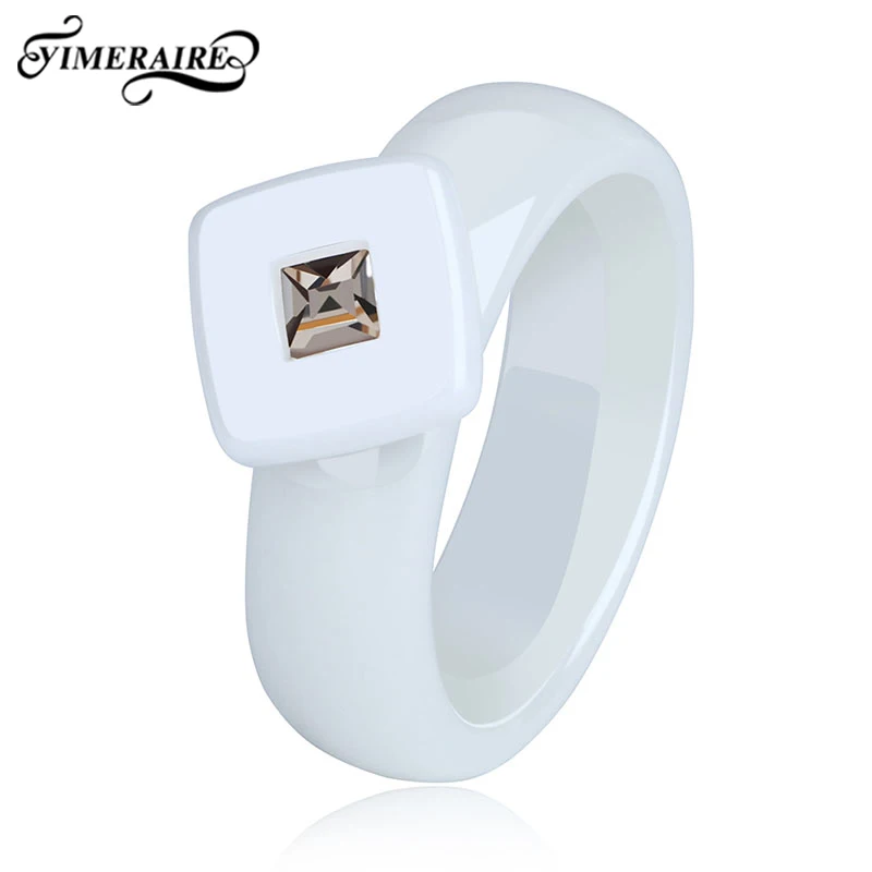 

Classic Ceramic Ring Jewelry For Women With Square Crystals Black White 6mm Width Smooth Finger Rings Fashion Wedding Statement