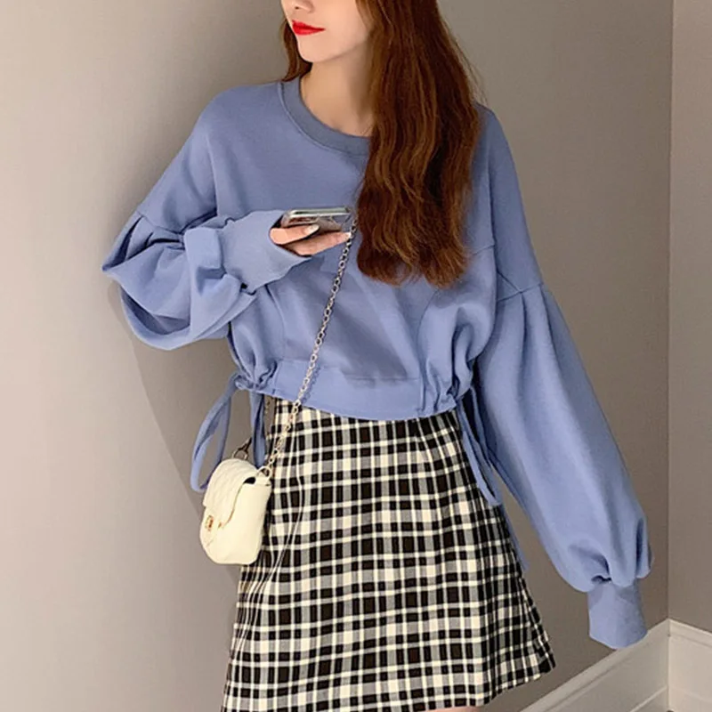 

Свитшот женский с рукавом «летучая мышь», модный однотонный пуловер с круглым вырезом, Повседневная Корейская толстовка с кулиской, осень ...