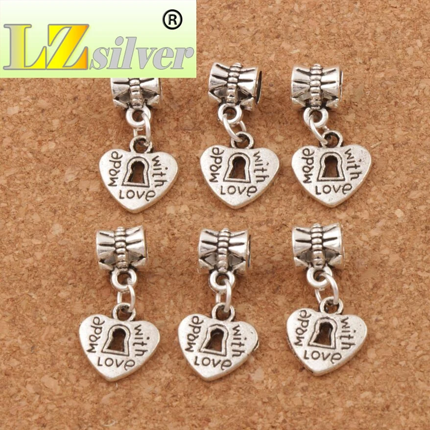 Made With Love Heart With Keyhole Big Hole Beads 12x23mm 100pcs zinc alloy Fit European Charm Bracelets Jewelry DIY B899