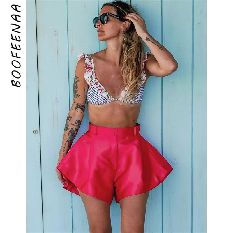 BOOFEENAA Высокая талия мешковатые брюки клеш шорты женская летняя обувь 2020 модная