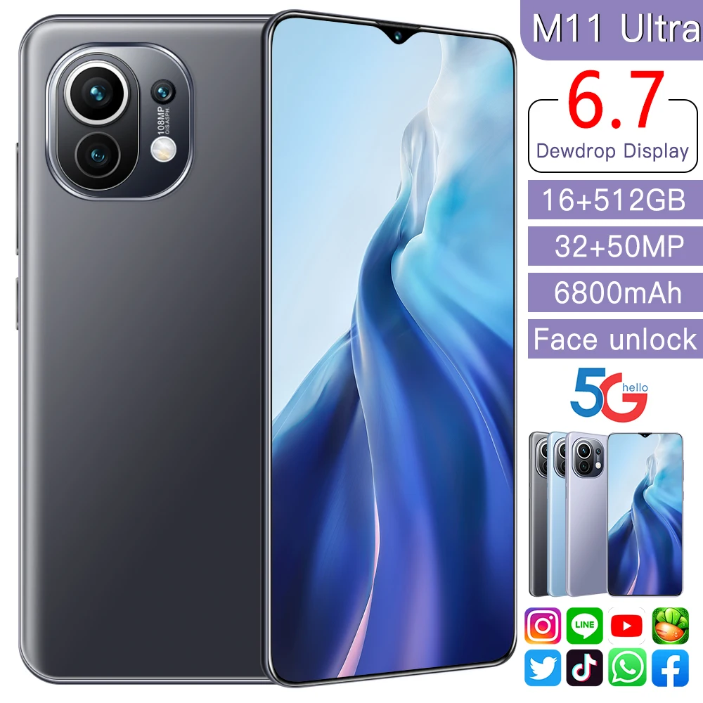 

2021 M11 Ultra Global Version Smartphone 10 Core 6.7 Inch 16GB 512GB 32MP 50MP Qualcomm 888 Face ID 6800mAh Battery Mobile Phone