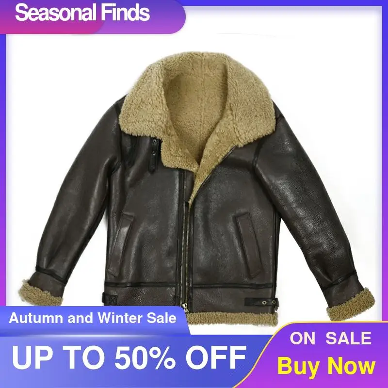 

2021 Dark Brown Genuine Shearling Coat Men Military Style Plus Size 10XL Real Sheepskin Russian Winter Warm B3 Bomber Jacket