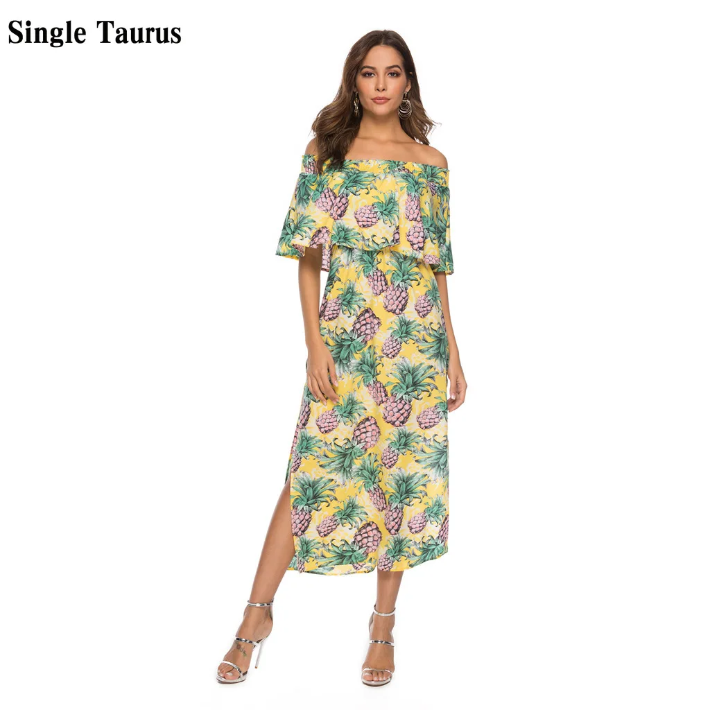 

Богемное шифоновое платье с принтом 2021 летние шорты рукав фруктовый Ананасовый Узор пляжное платье без бретелек для девочек свободные прям...