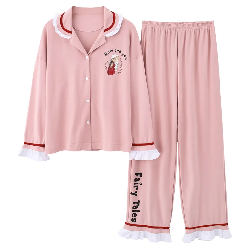 Женские весенние и осенние двухсезонные хлопковые розовые кружевные пижамы из