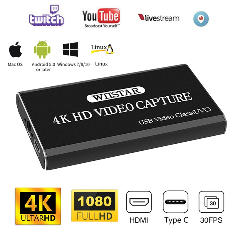 Новая карта захвата аудио и видео с USB, HDMI в Type C, захват видео с HDMI 4K, выход 3,5 мм, аудиовыход для Windows Mac OS Linux - изображение