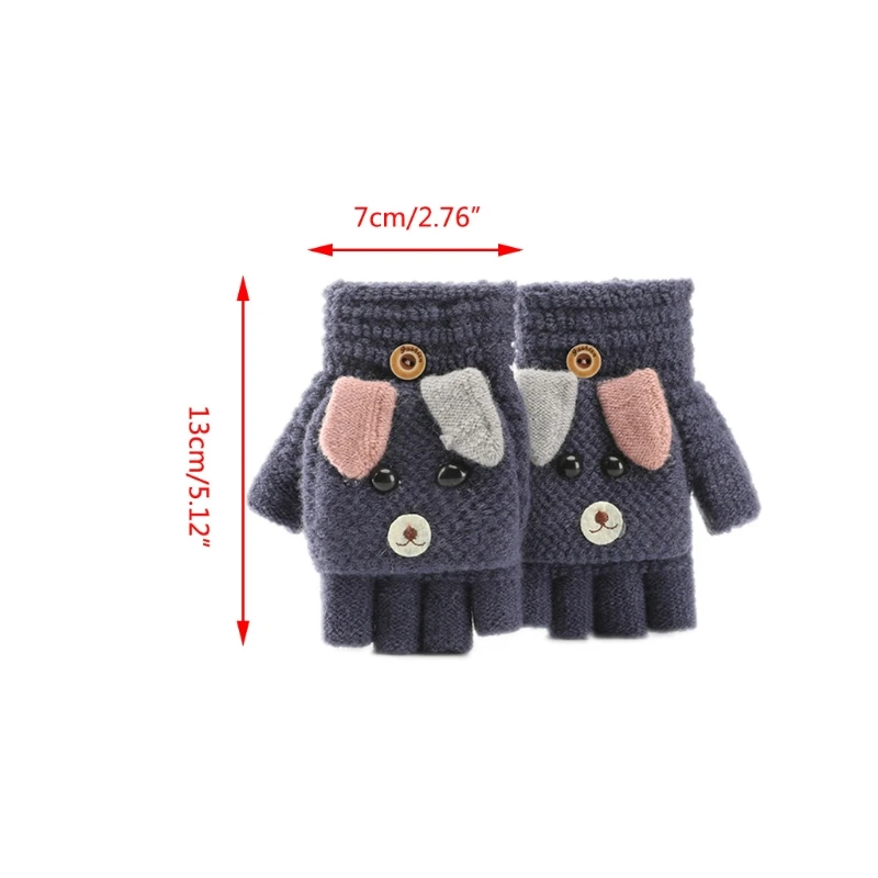 

Children Kids Winter Warm Convertible Flip Top Gloves Cartoon Dog Knitted Plush Lined Flap Cover Fingerless Mittens