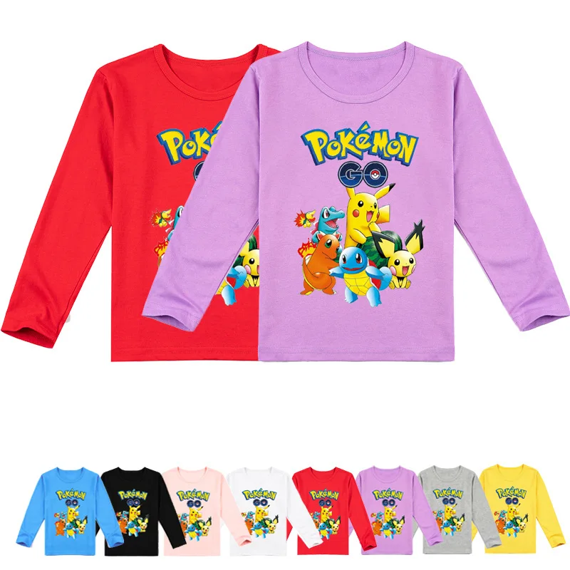 

Pokemon Cartoon Print Boy Girl Cute Pikachu Spring Autumn Winter Round Neck Pullover Long Sleeve T-shirt Bottoming Shirt