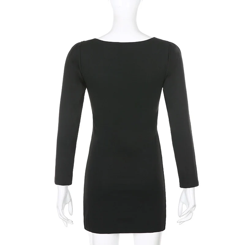

YYXZ Spring Fashion Cute Slim Sexy Dark Patchwork Lace SML Long Sleeve Square Neck Woman Casual Sheath Dress Lady Splits Dress