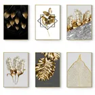 Настенная картина с золотыми абстрактными листьями и цветами в скандинавском стиле, настенная Картина на холсте с черными и белыми перьями, постер с принтом для украшения гостиной