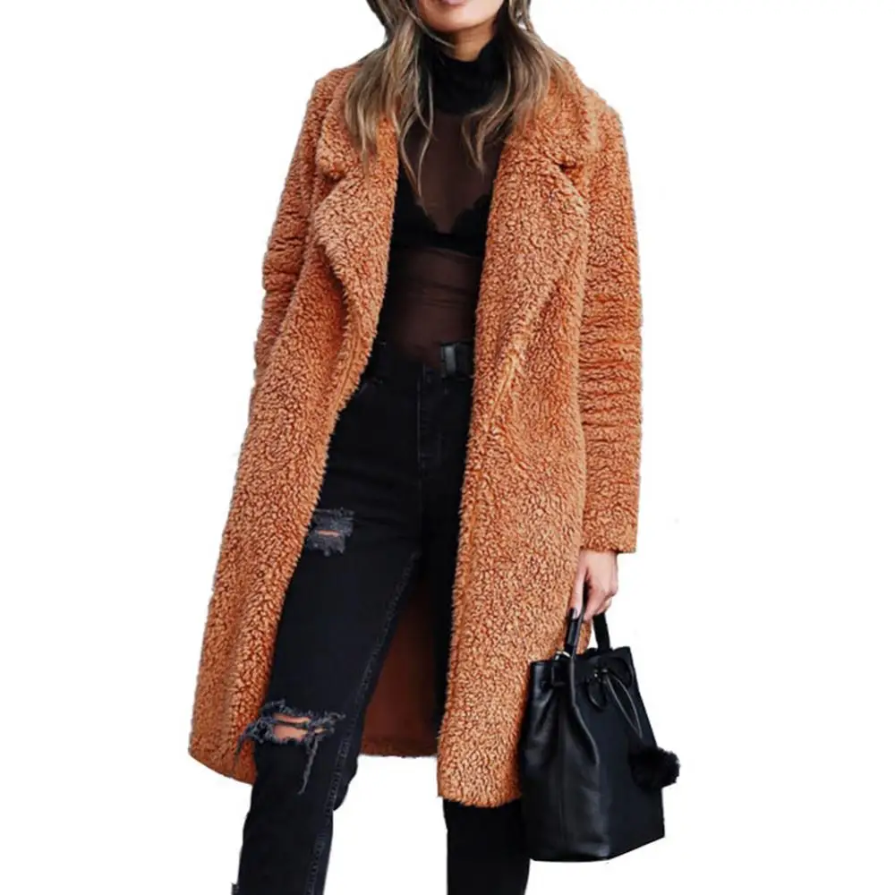 

Ele-choices S-3XL Women Winter Thicken Plush Lapel Solid Color Long Sleeve Warm Cardigan Midi Coat for Daily&Work