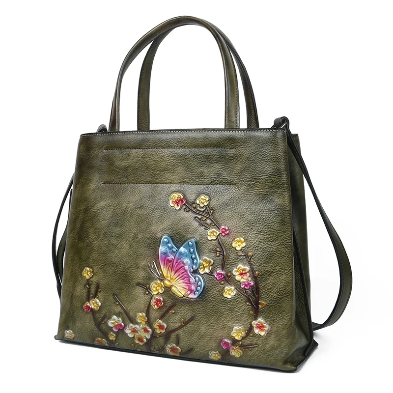 Genuine Leather Messenger Shoulder Women Bag Floral Pattern Retro Printing Natural Skin Tote Bags Female Embossing Handbag | Багаж и сумки