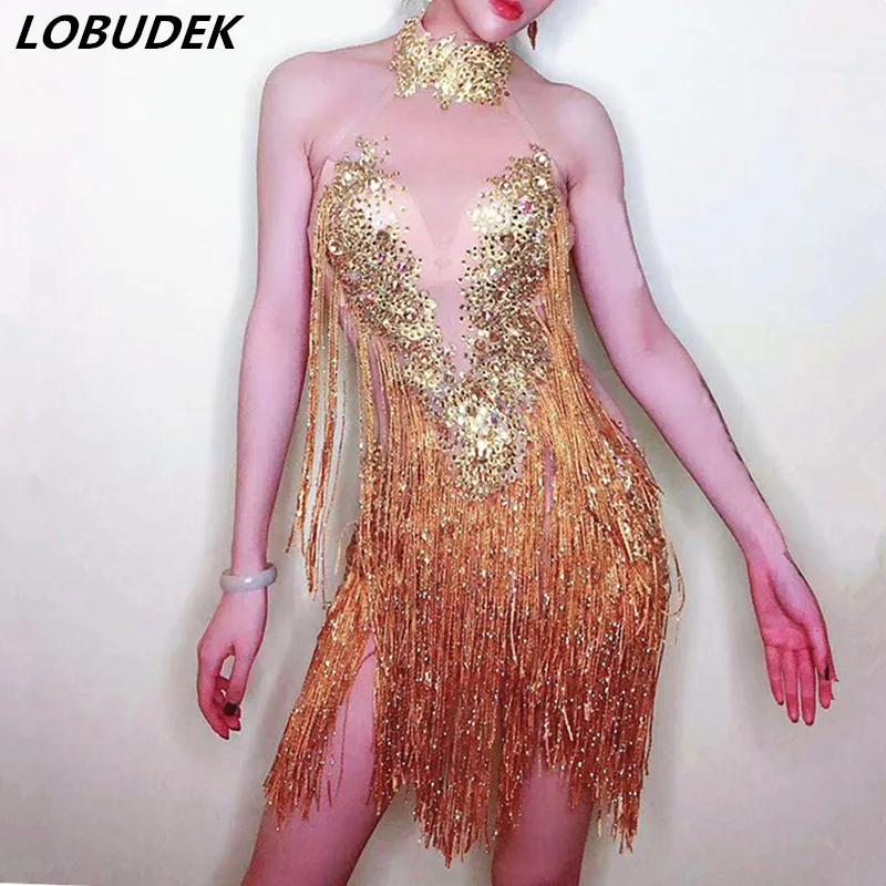 

Sexy See Through Gold Rhinestones Tassels Latin Dance Dress Lady DJ Singer Mesh Dress Performance Costume Competition Stage Wear