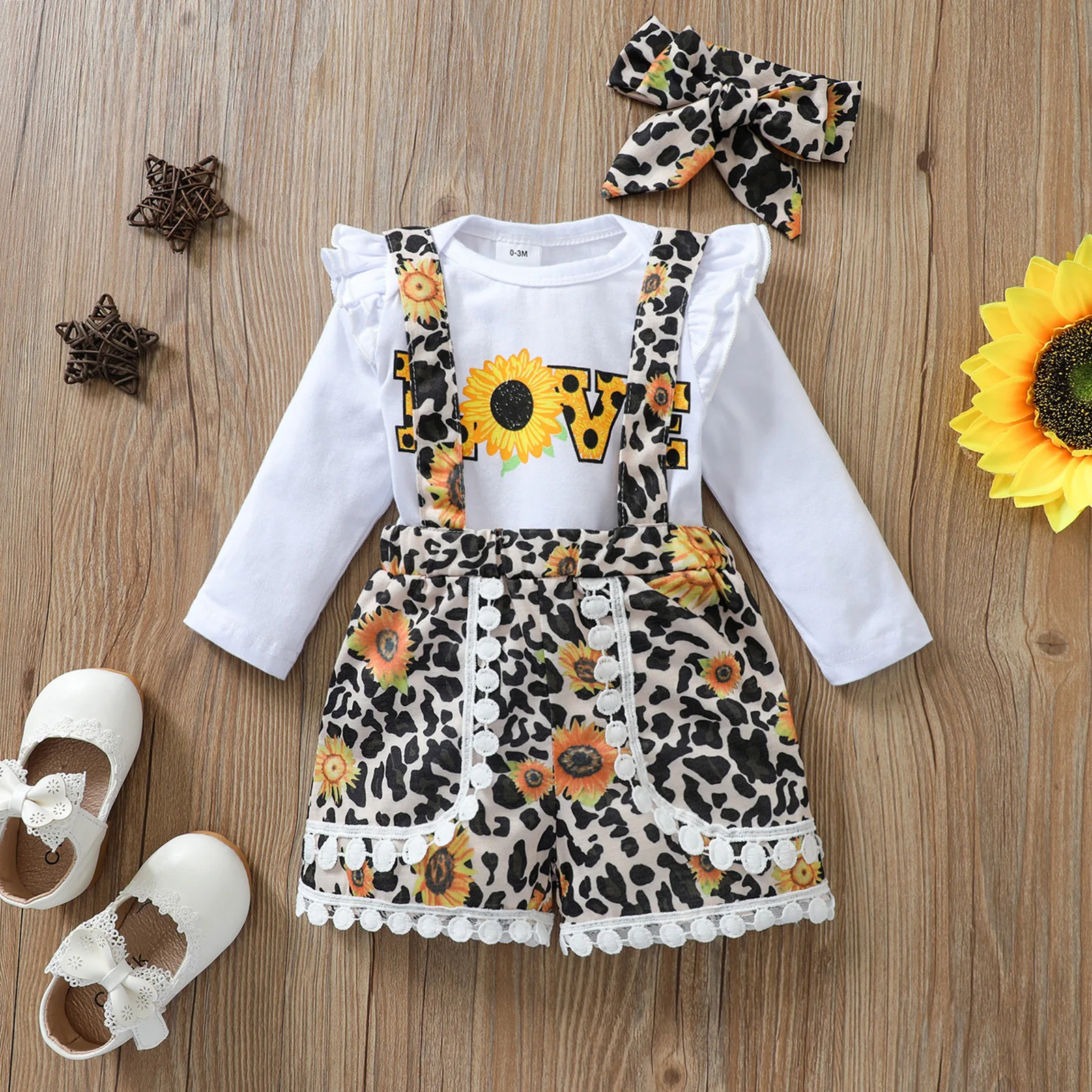 

Cute Girls Spring Autumn Clothes Long Sleeve Letter Print Jumpsuit Tops Sunflower Leopard Fringed Overalls Toddler Kids Sets